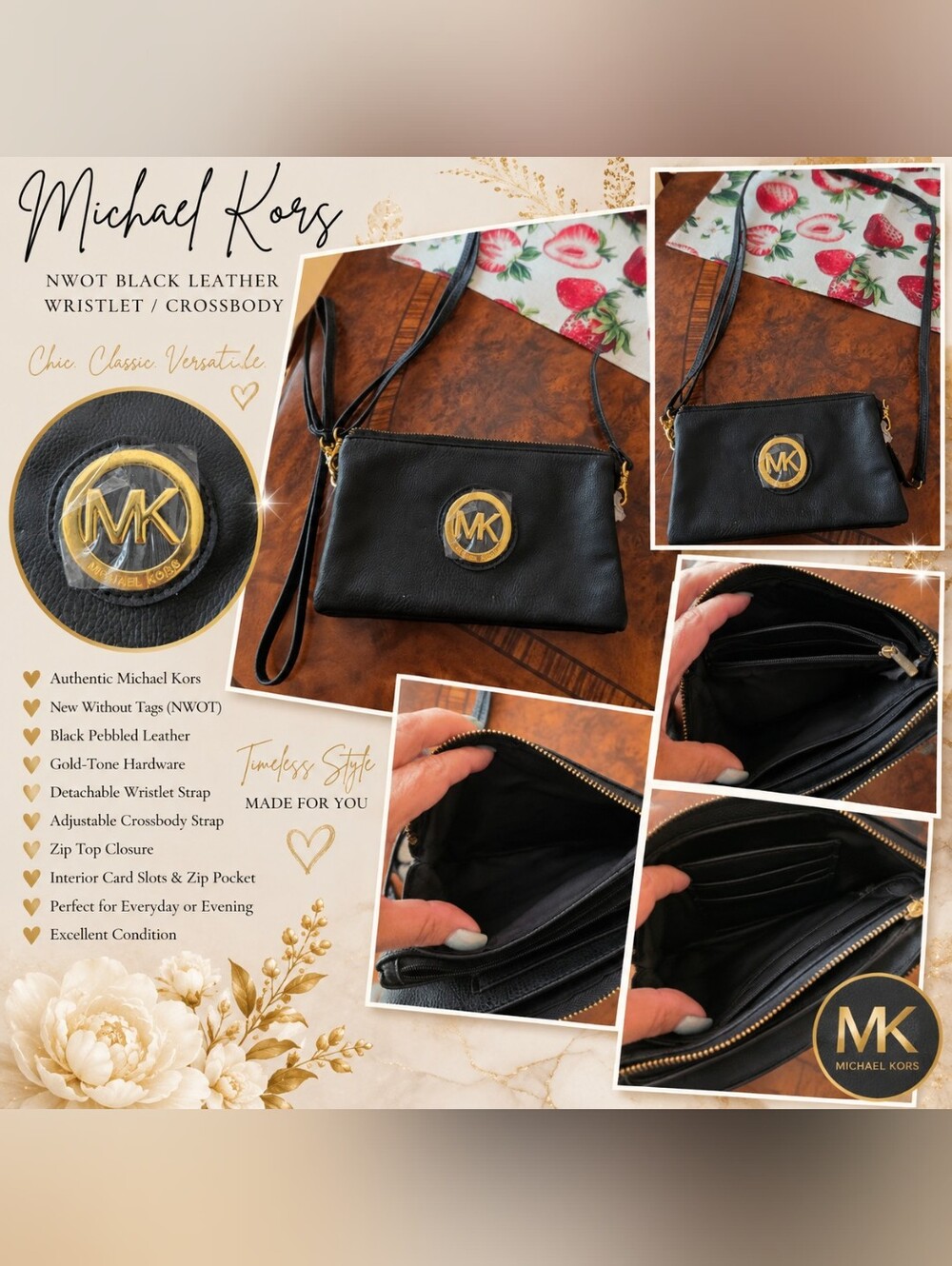 🖤Michael Kors Black Leather Wristlet Crossbody - Black